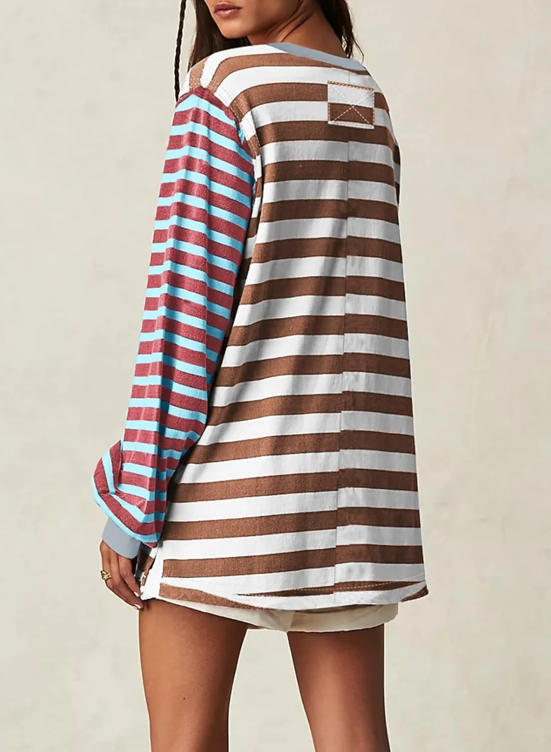 BLENCOT Women's Oversized Patchwork T Shirts Fall Long Sleeve Striped Color Block Loose Fit Pullover Tops