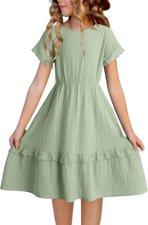 blibean Girls Cotton Short Sleeve Dresses Lace Semi Formal Dress Size 6-15 Years