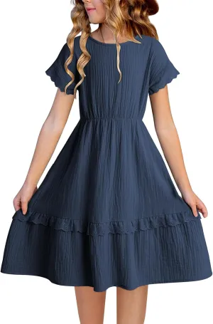 blibean Girls Cotton Short Sleeve Dresses Lace Semi Formal Dress Size 6-15 Years