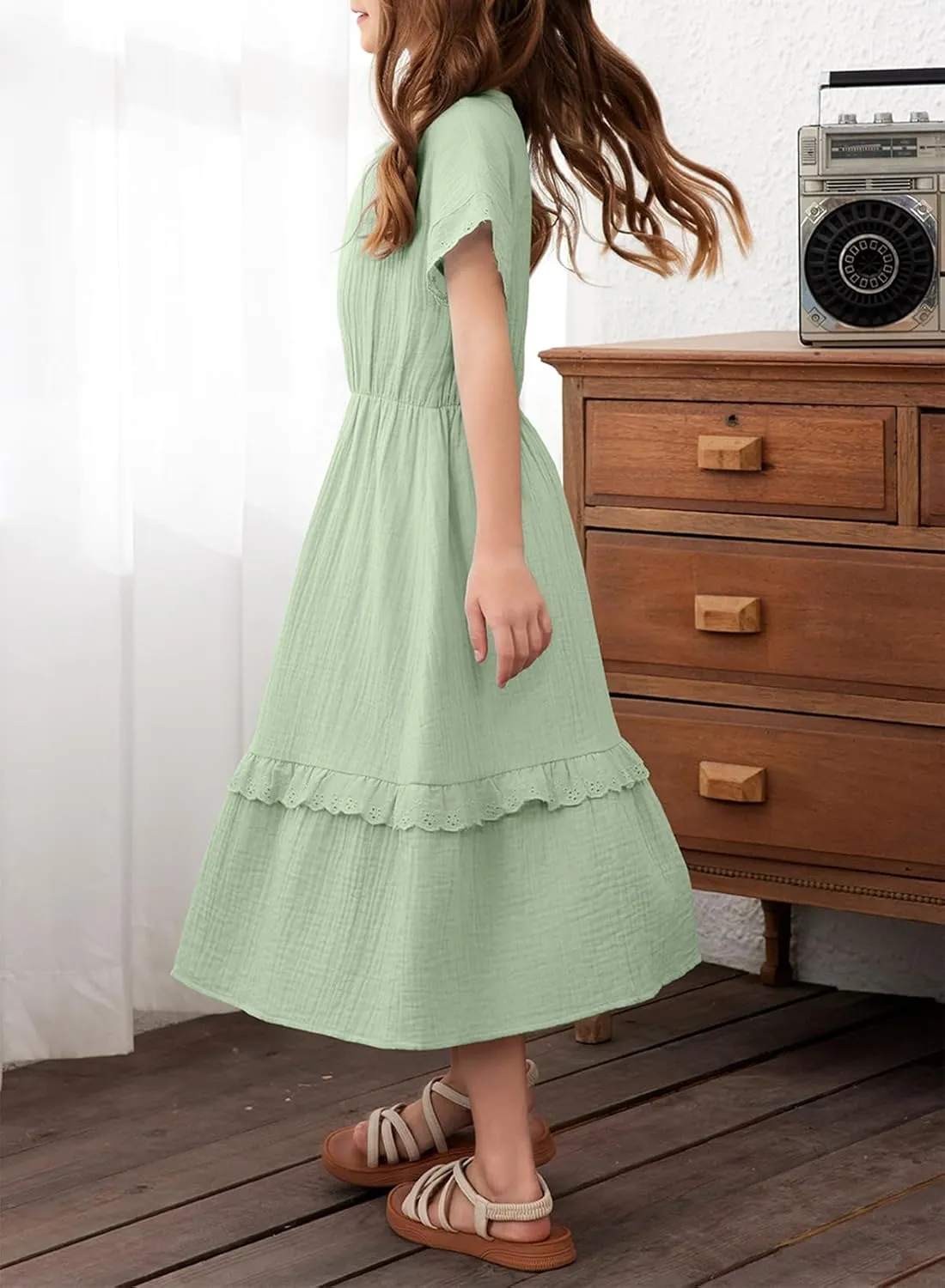blibean Girls Cotton Short Sleeve Dresses Lace Semi Formal Dress Size 6-15 Years