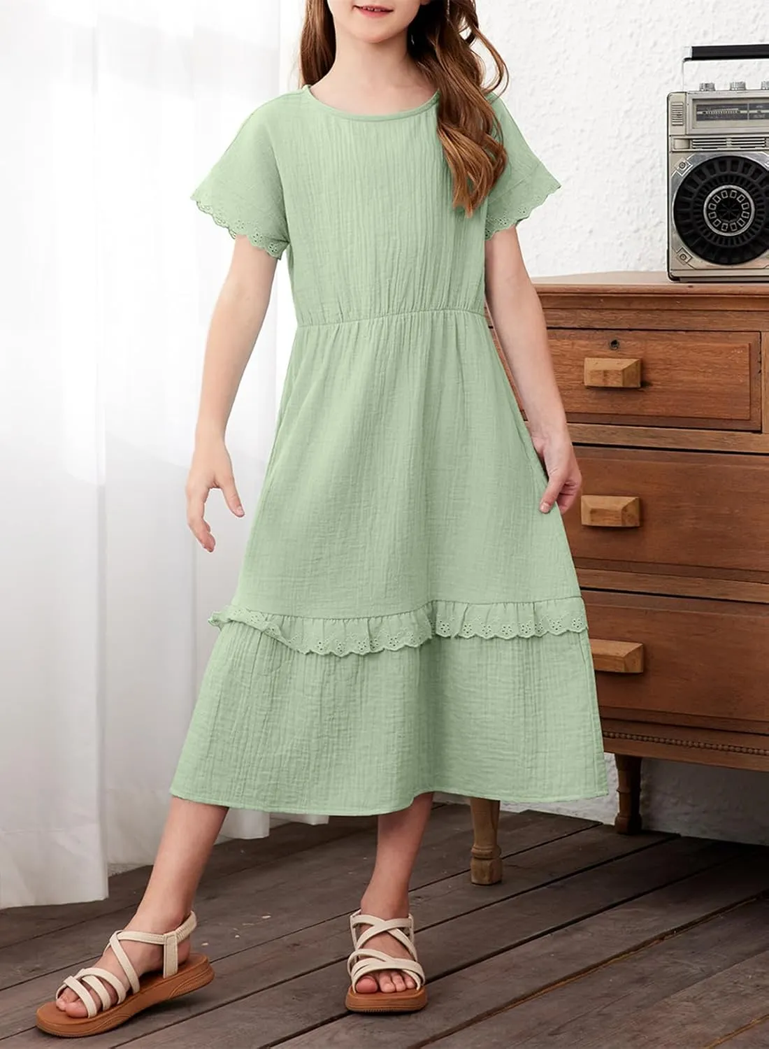 blibean Girls Cotton Short Sleeve Dresses Lace Semi Formal Dress Size 6-15 Years