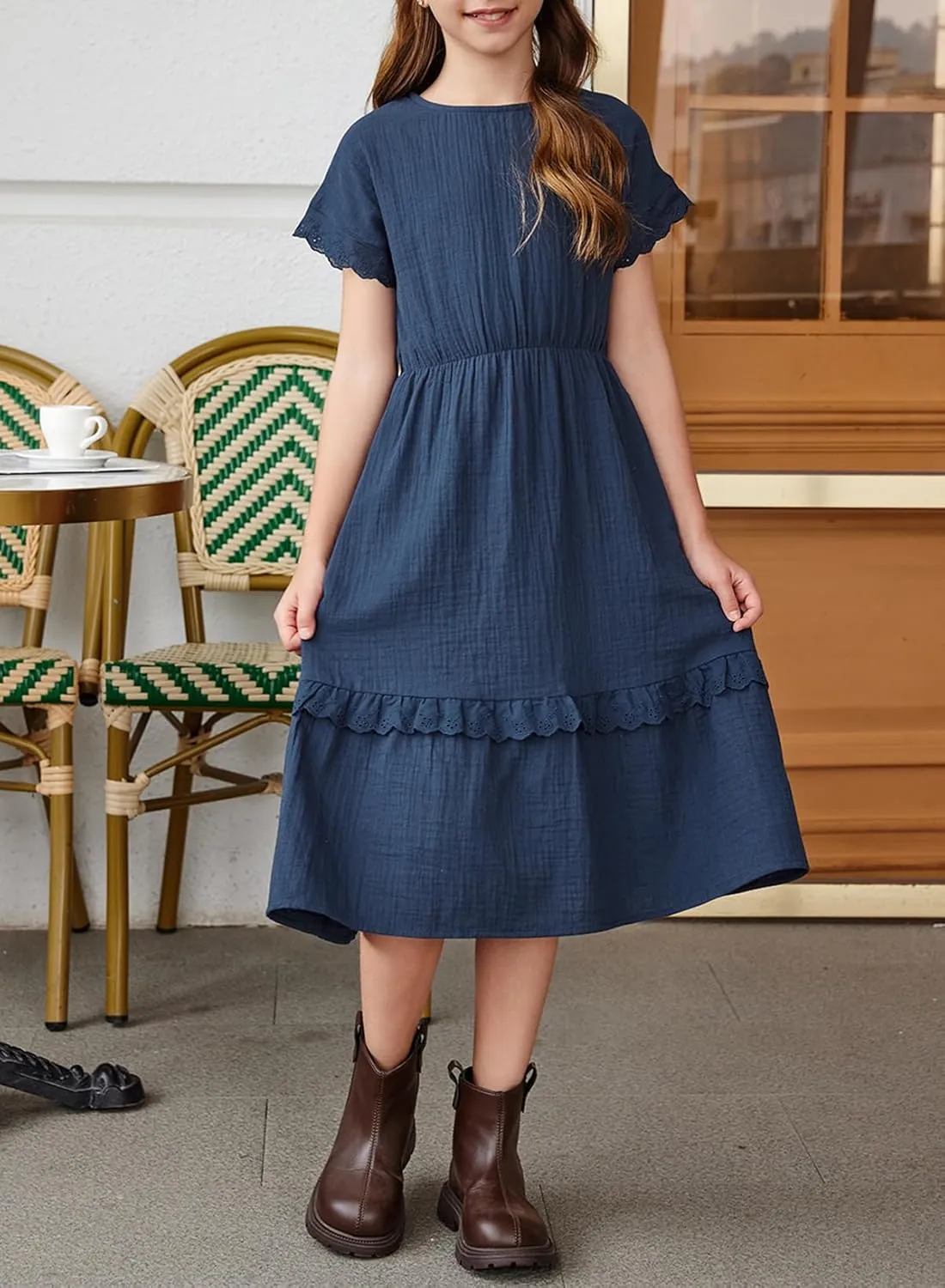 blibean Girls Cotton Short Sleeve Dresses Lace Semi Formal Dress Size 6-15 Years