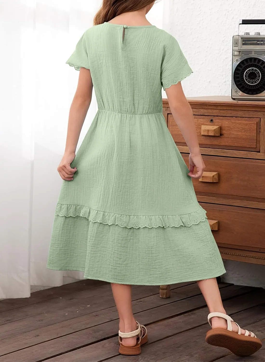 blibean Girls Cotton Short Sleeve Dresses Lace Semi Formal Dress Size 6-15 Years