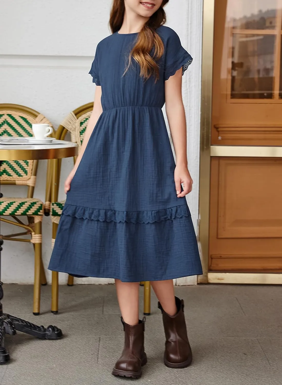blibean Girls Cotton Short Sleeve Dresses Lace Semi Formal Dress Size 6-15 Years
