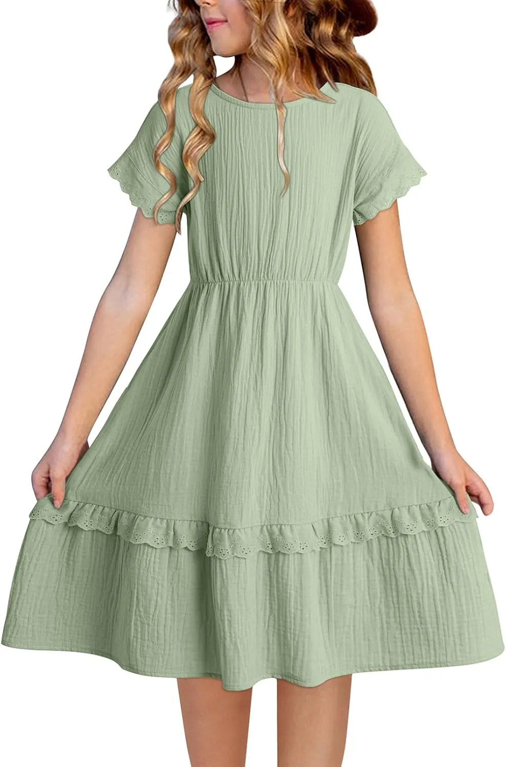 blibean Girls Cotton Short Sleeve Dresses Lace Semi Formal Dress Size 6-15 Years