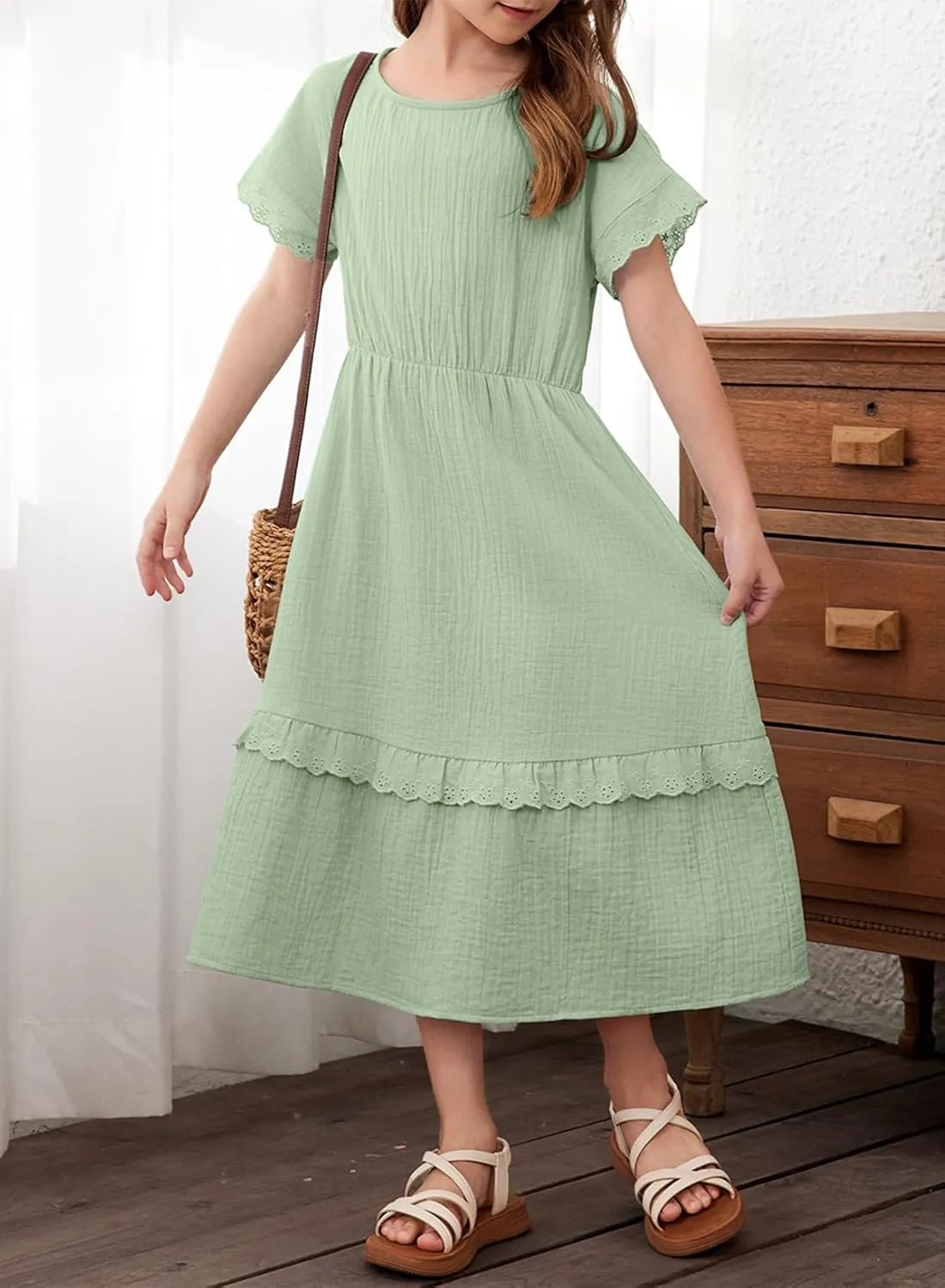 blibean Girls Cotton Short Sleeve Dresses Lace Semi Formal Dress Size 6-15 Years