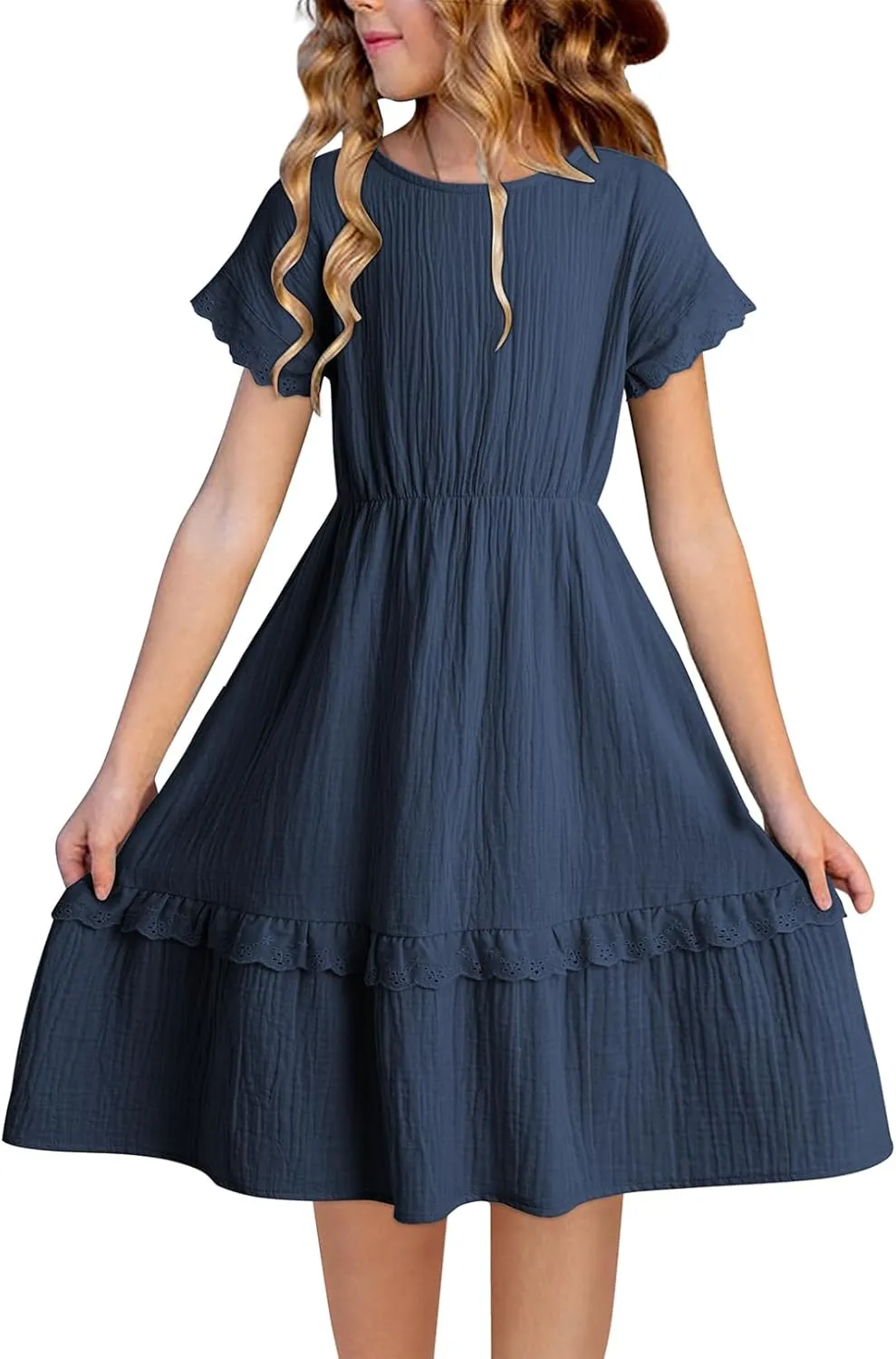 blibean Girls Cotton Short Sleeve Dresses Lace Semi Formal Dress Size 6-15 Years