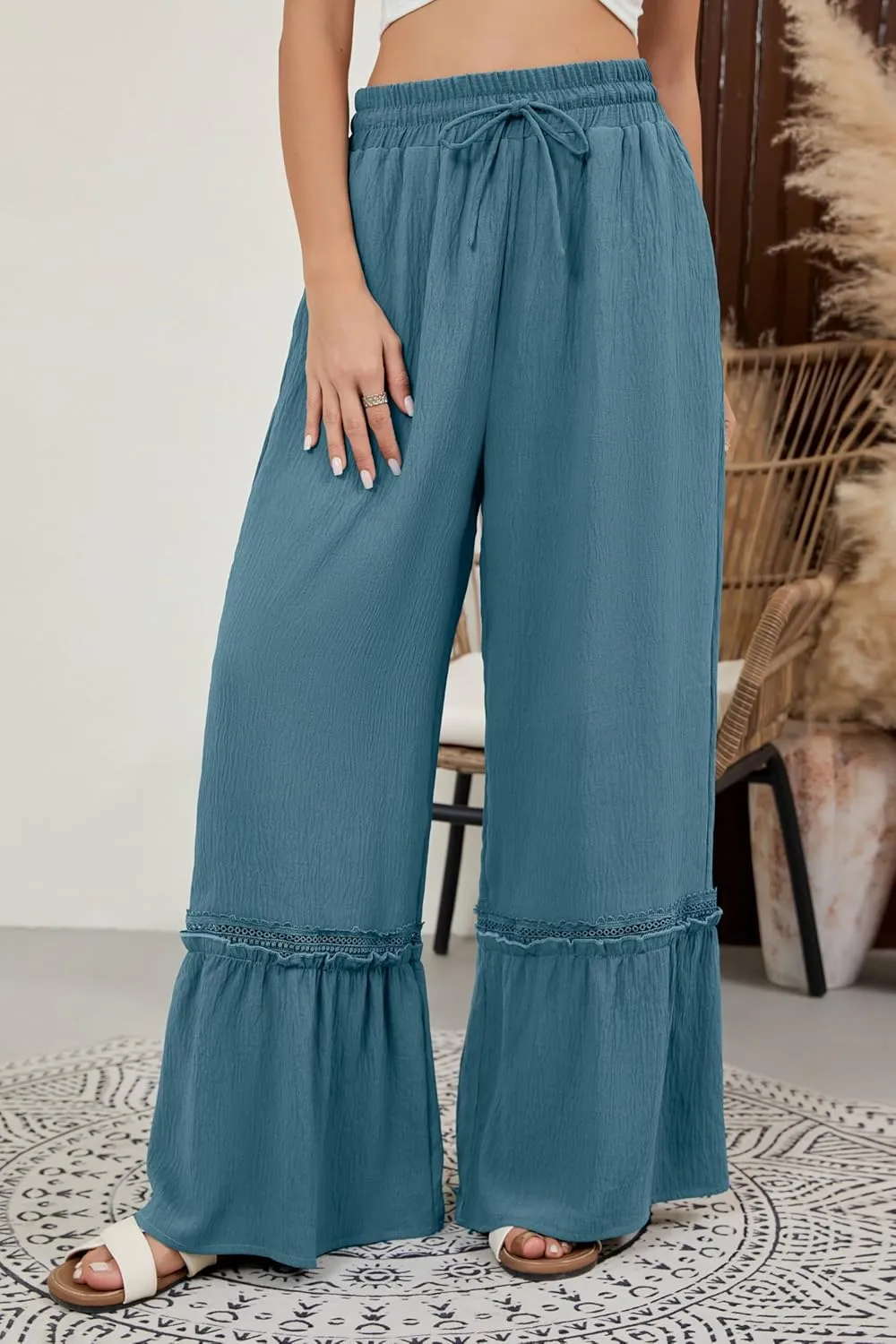 BMJL Womens High Waisted Wide Leg Pants Palazzo Beach Trousers Lace Flowy Summer Outfits