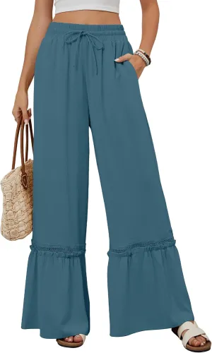 BMJL Womens High Waisted Wide Leg Pants Palazzo Beach Trousers Lace Flowy Summer Outfits