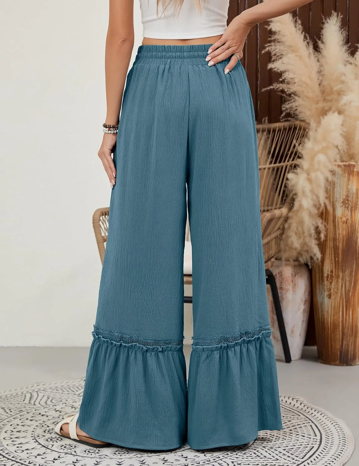 BMJL Womens High Waisted Wide Leg Pants Palazzo Beach Trousers Lace Flowy Summer Outfits