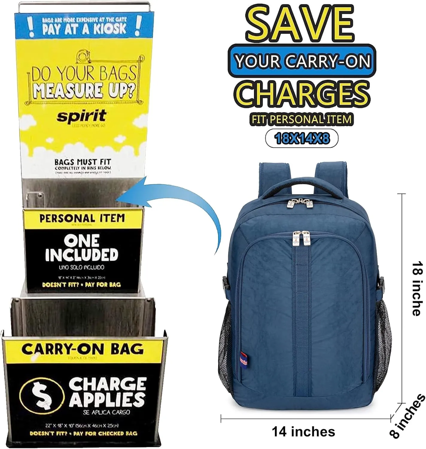 Boardingblue Under-Seat Backpack for Spirit, Frontier, American - Fits 18 x 13 x 8 Inches - Perfect Personal Item for Easy Air Travel - TSA Approved (Navy)