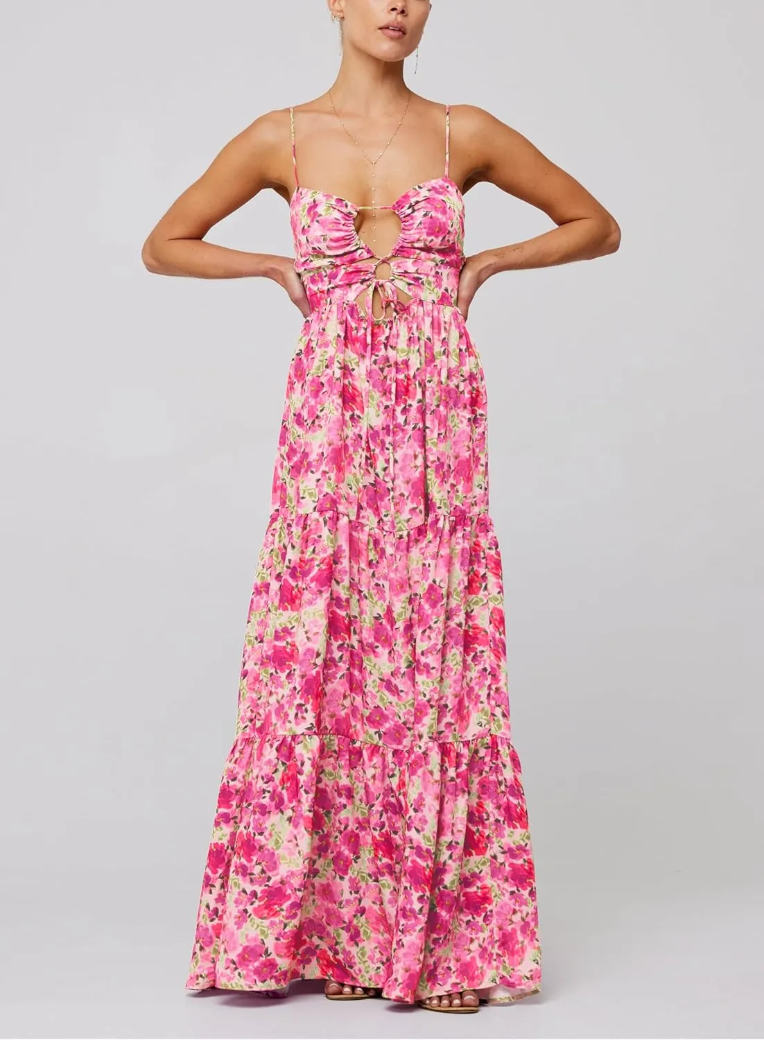 Bohemian Smocked Maxi Dresses for Women Summer Spaghetti Strap Floral Print Sundress Ruffle Color Block Tiered Dress