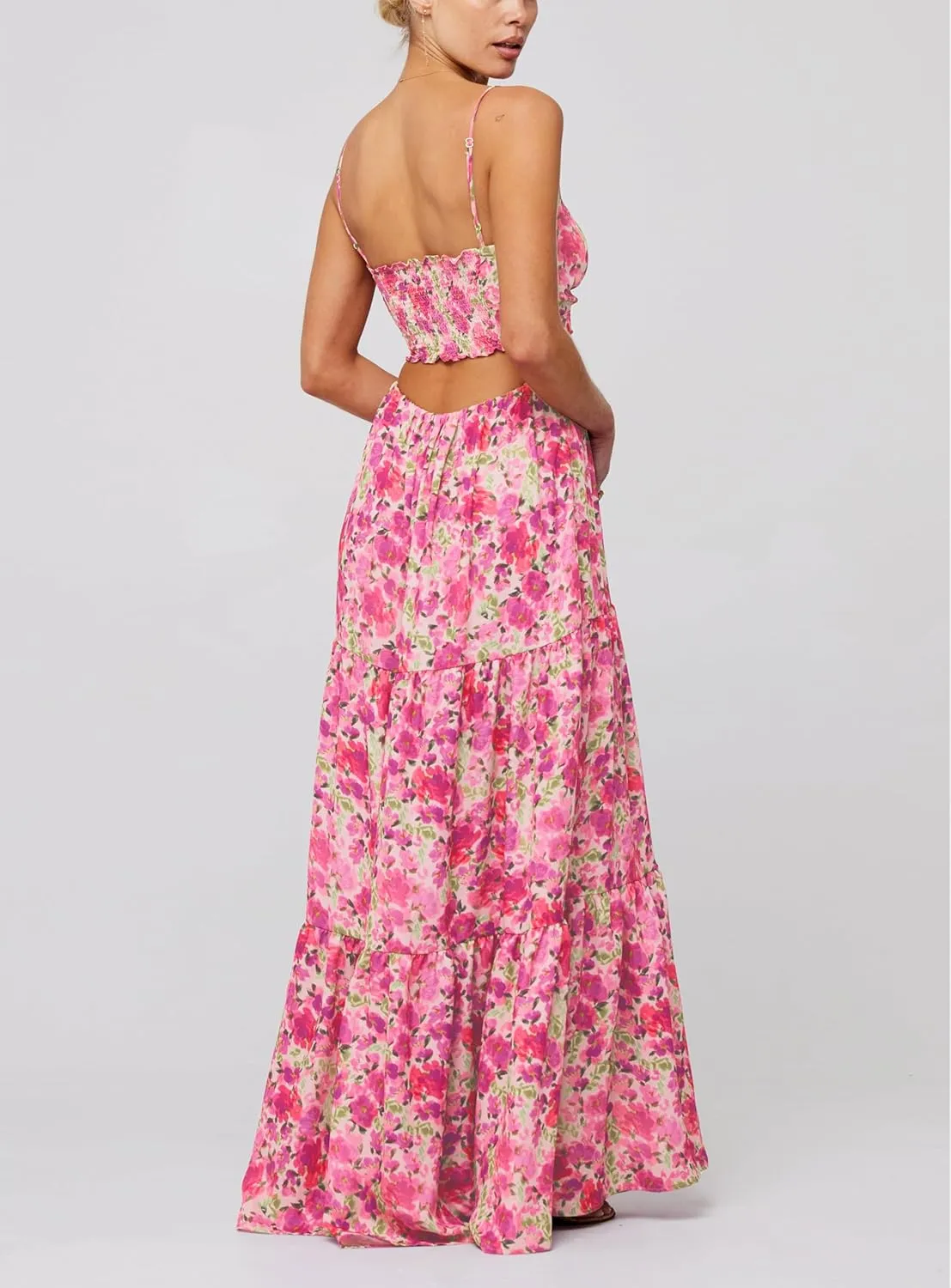 Bohemian Smocked Maxi Dresses for Women Summer Spaghetti Strap Floral Print Sundress Ruffle Color Block Tiered Dress