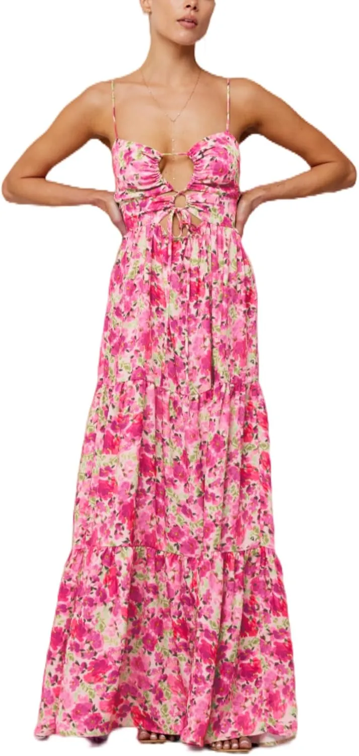 Bohemian Smocked Maxi Dresses for Women Summer Spaghetti Strap Floral Print Sundress Ruffle Color Block Tiered Dress
