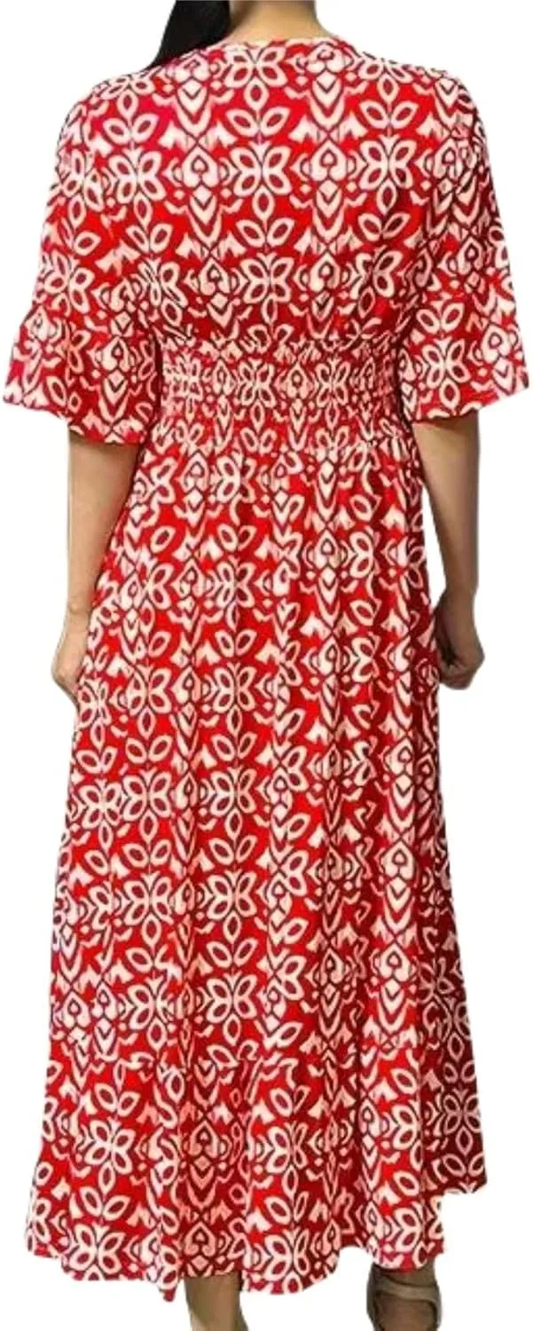Boho Dress for Womens Plus Size Bohemian Midi Dresses Casual Loose V-Neck 3/4 Sleeve Floral Print Wrap Summer Dress