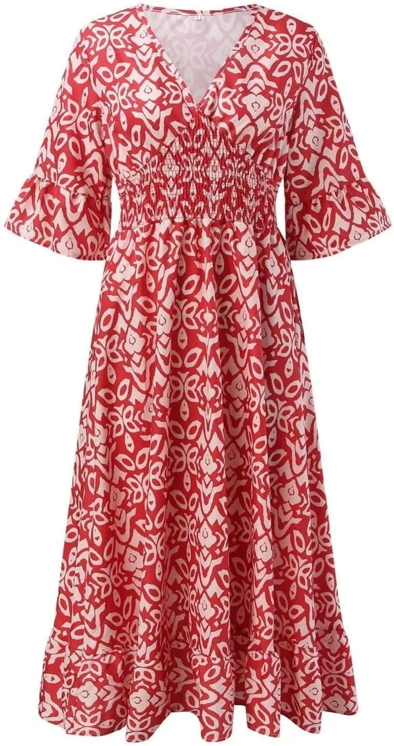 Boho Dress for Womens Plus Size Bohemian Midi Dresses Casual Loose V-Neck 3/4 Sleeve Floral Print Wrap Summer Dress