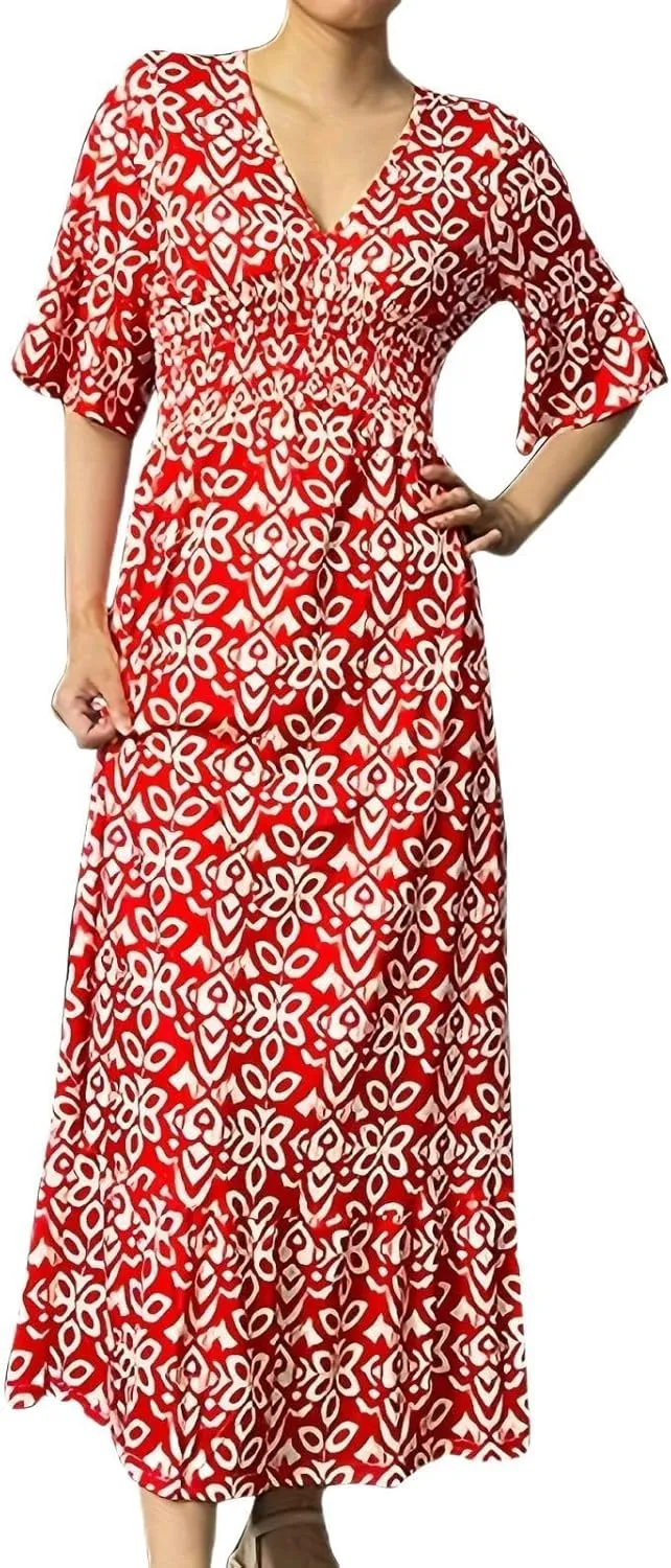 Boho Dress for Womens Plus Size Bohemian Midi Dresses Casual Loose V-Neck 3/4 Sleeve Floral Print Wrap Summer Dress