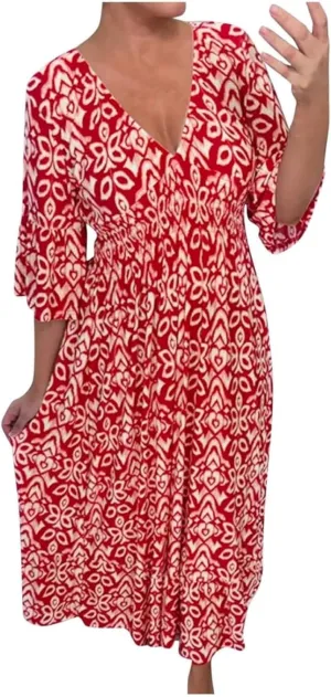 Boho Dress for Womens Plus Size Bohemian Midi Dresses Casual Loose V-Neck 3/4 Sleeve Floral Print Wrap Summer Dress