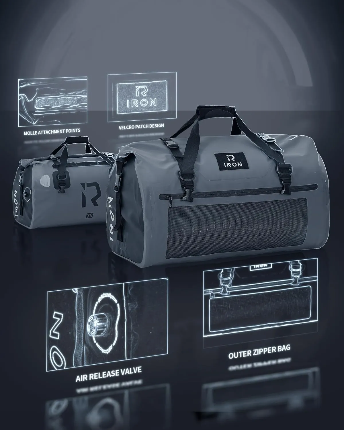 BORLENI Waterproof Motorcycle Dry Bag 500D PVC Motorcycle Dry Duffel Bag Luggage Tail Bag for Motorcycling Skiing Travel Hiking Camping (Gray,30L)
