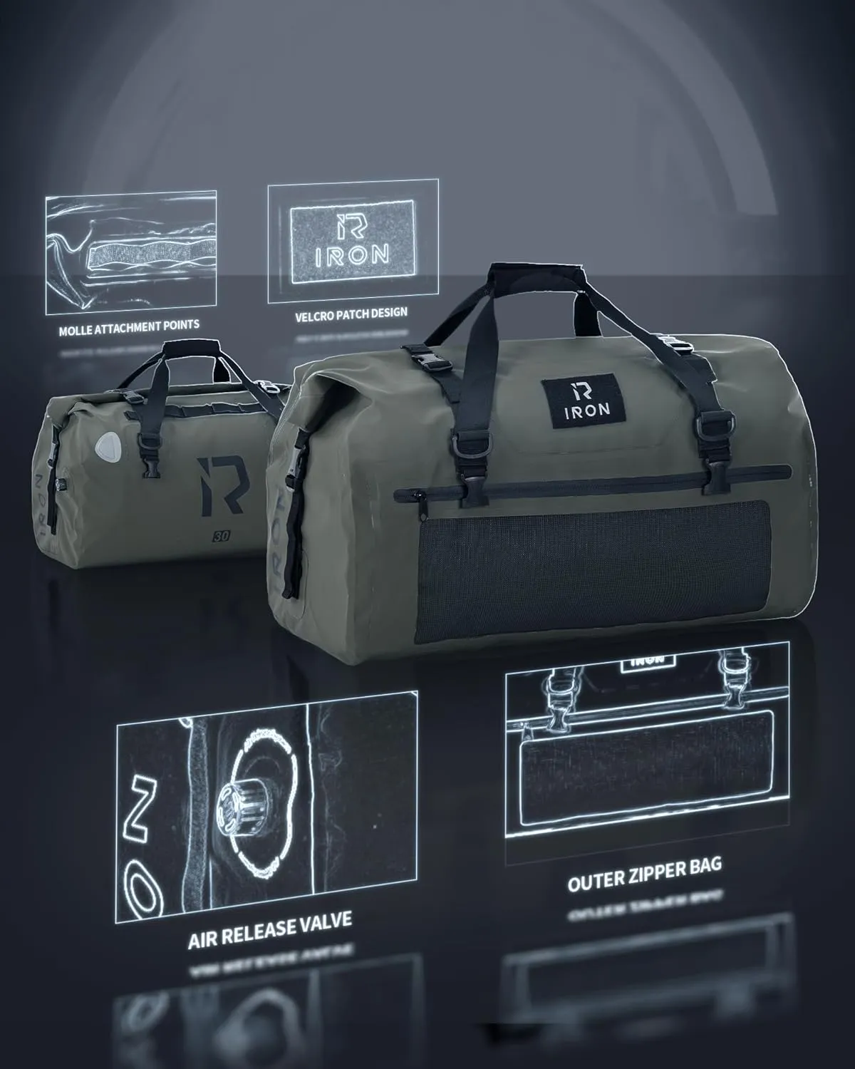BORLENI Waterproof Motorcycle Dry Bag 500D PVC Motorcycle Dry Duffel Bag Luggage Tail Bag for Motorcycling Skiing Travel Hiking Camping (Olive,30L)