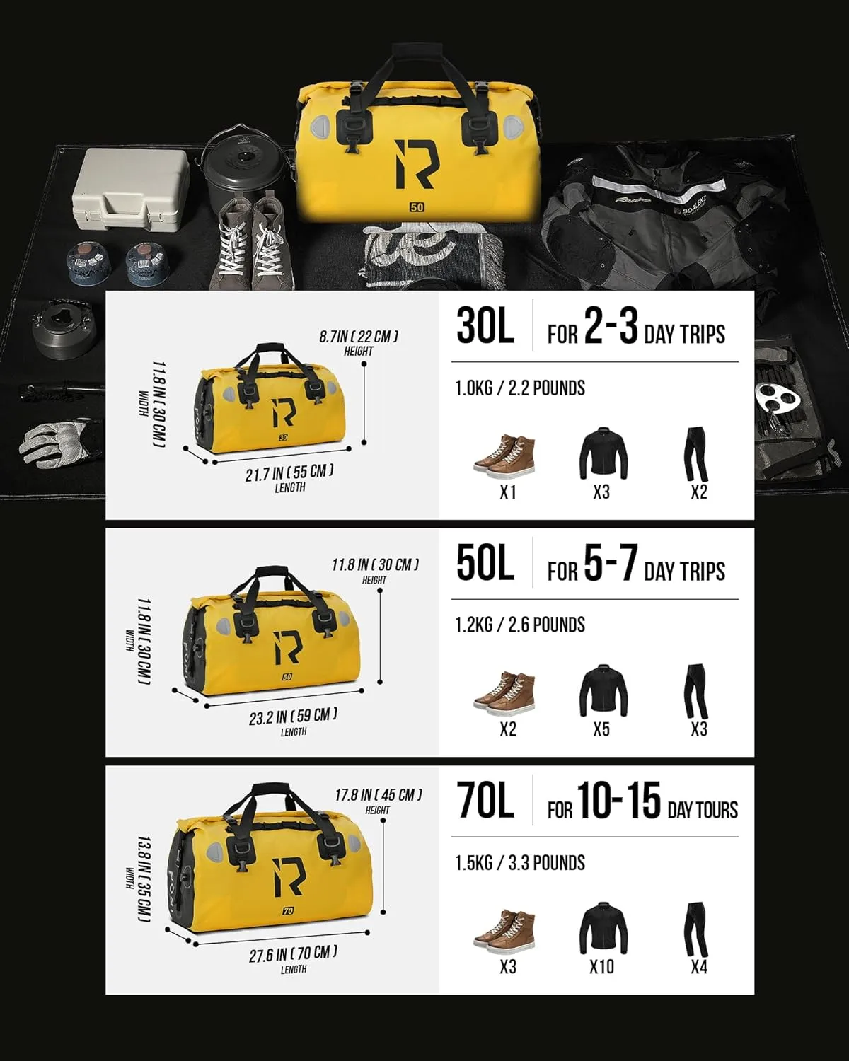 BORLENI Waterproof Motorcycle Dry Bag 500D PVC Motorcycle Dry Duffel Bag Luggage Tail Bag for Motorcycling Skiing Travel Hiking Camping (Yellow,30L)