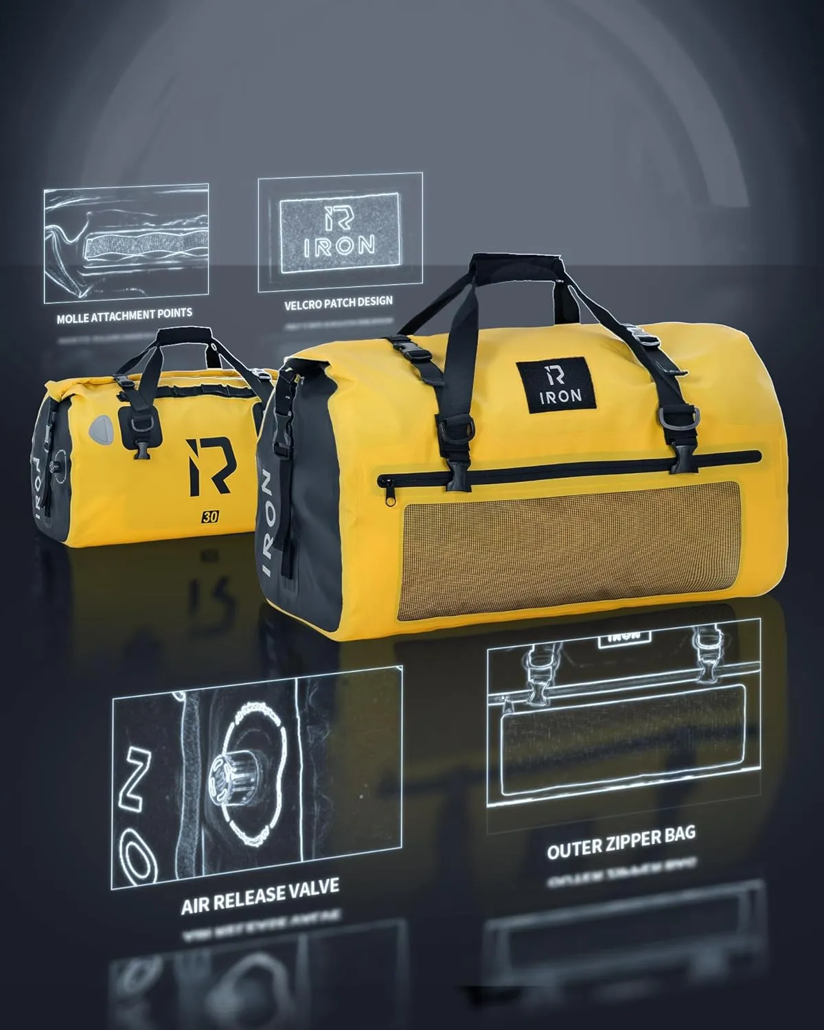 BORLENI Waterproof Motorcycle Dry Bag 500D PVC Motorcycle Dry Duffel Bag Luggage Tail Bag for Motorcycling Skiing Travel Hiking Camping (Yellow,30L)