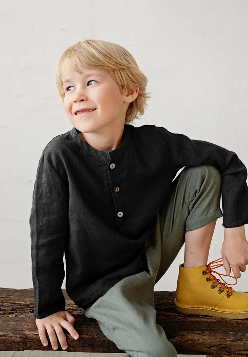 Boys Linen Henley Shirt for Kids Button Down Long Sleeve Dress Shirts Summer Beach Casual T Shirt