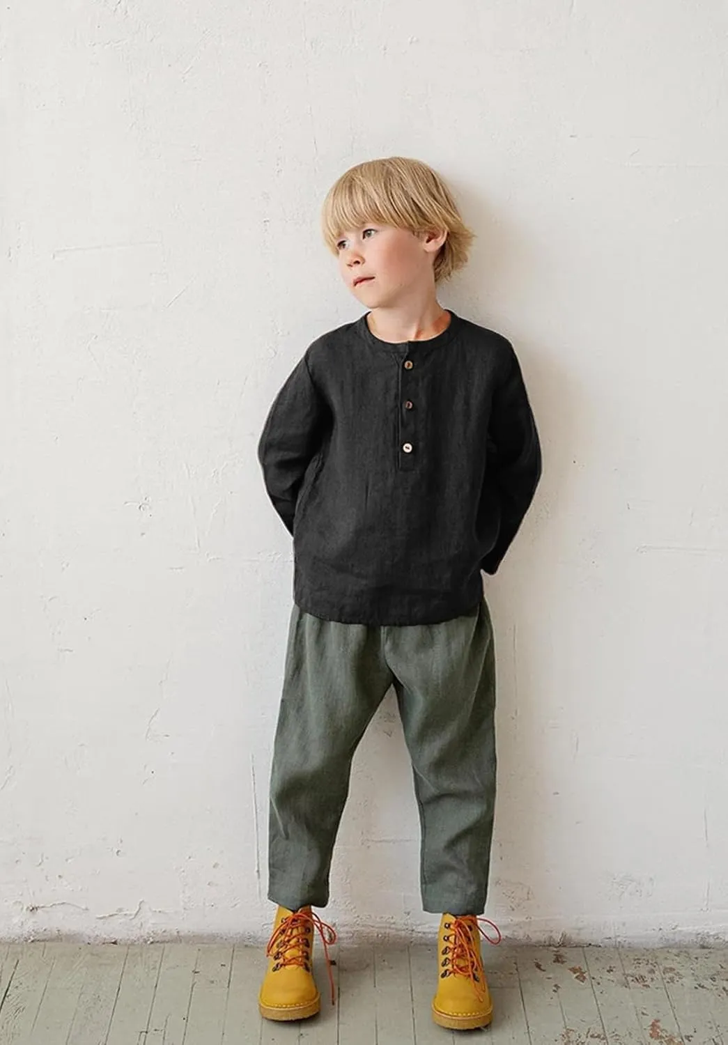 Boys Linen Henley Shirt for Kids Button Down Long Sleeve Dress Shirts Summer Beach Casual T Shirt