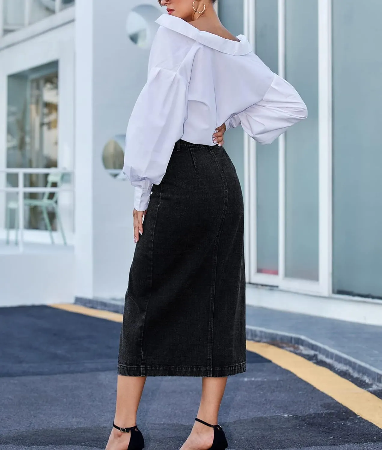 Button Up Denim Skirt for Women Midi Length High Waist Slim Fit Jean Pencil Skirt Below Knee Length with Split
