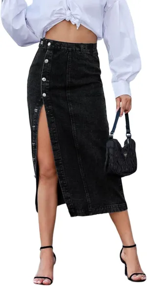 Button Up Denim Skirt for Women Midi Length High Waist Slim Fit Jean Pencil Skirt Below Knee Length with Split