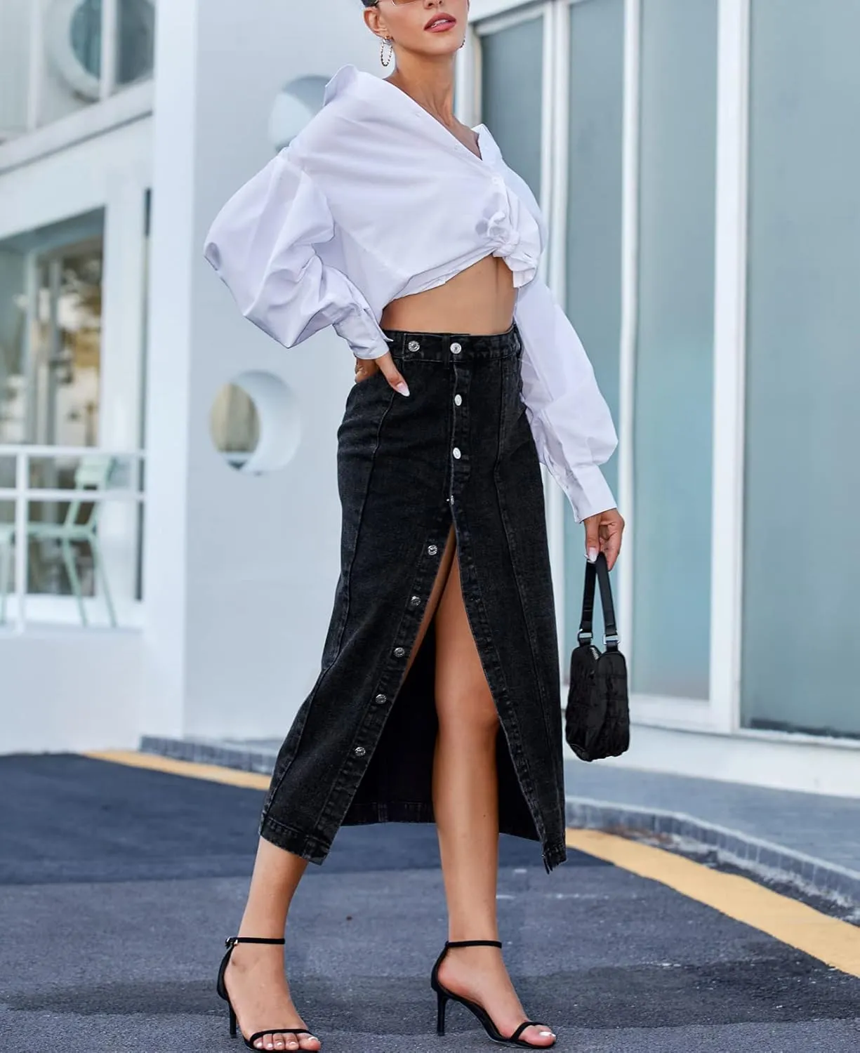 Button Up Denim Skirt for Women Midi Length High Waist Slim Fit Jean Pencil Skirt Below Knee Length with Split