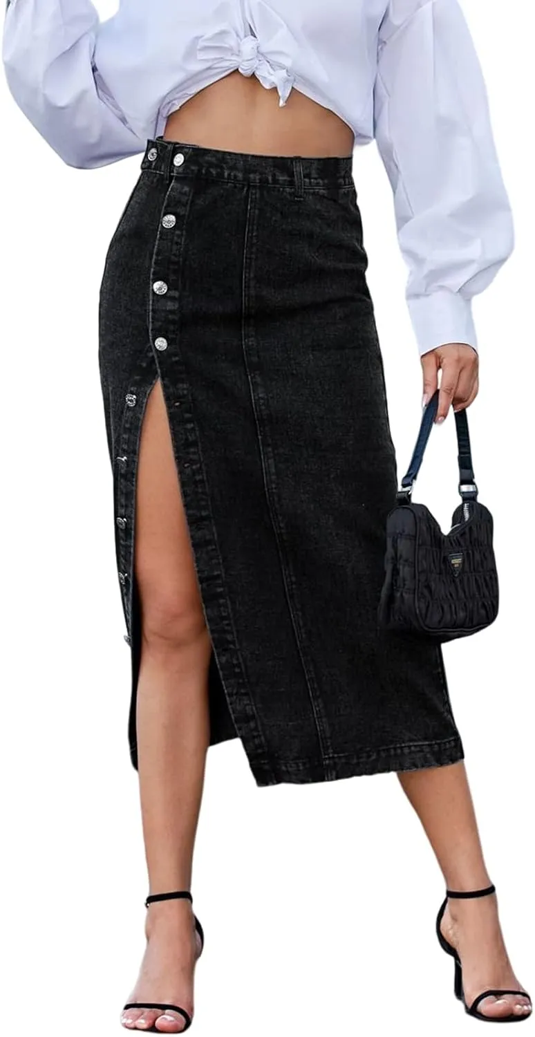 Button Up Denim Skirt for Women Midi Length High Waist Slim Fit Jean Pencil Skirt Below Knee Length with Split