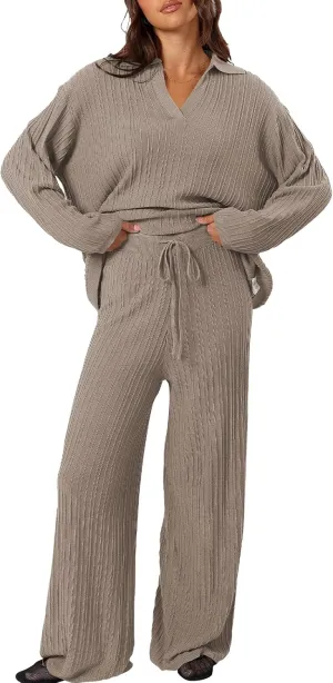 Cakulo Womens 2024 Lounge Sets 2 Piece Outfits Knit Sweater Matching Set Ribbed Wide Leg Loungewear Sweatsuits Light Coffee L