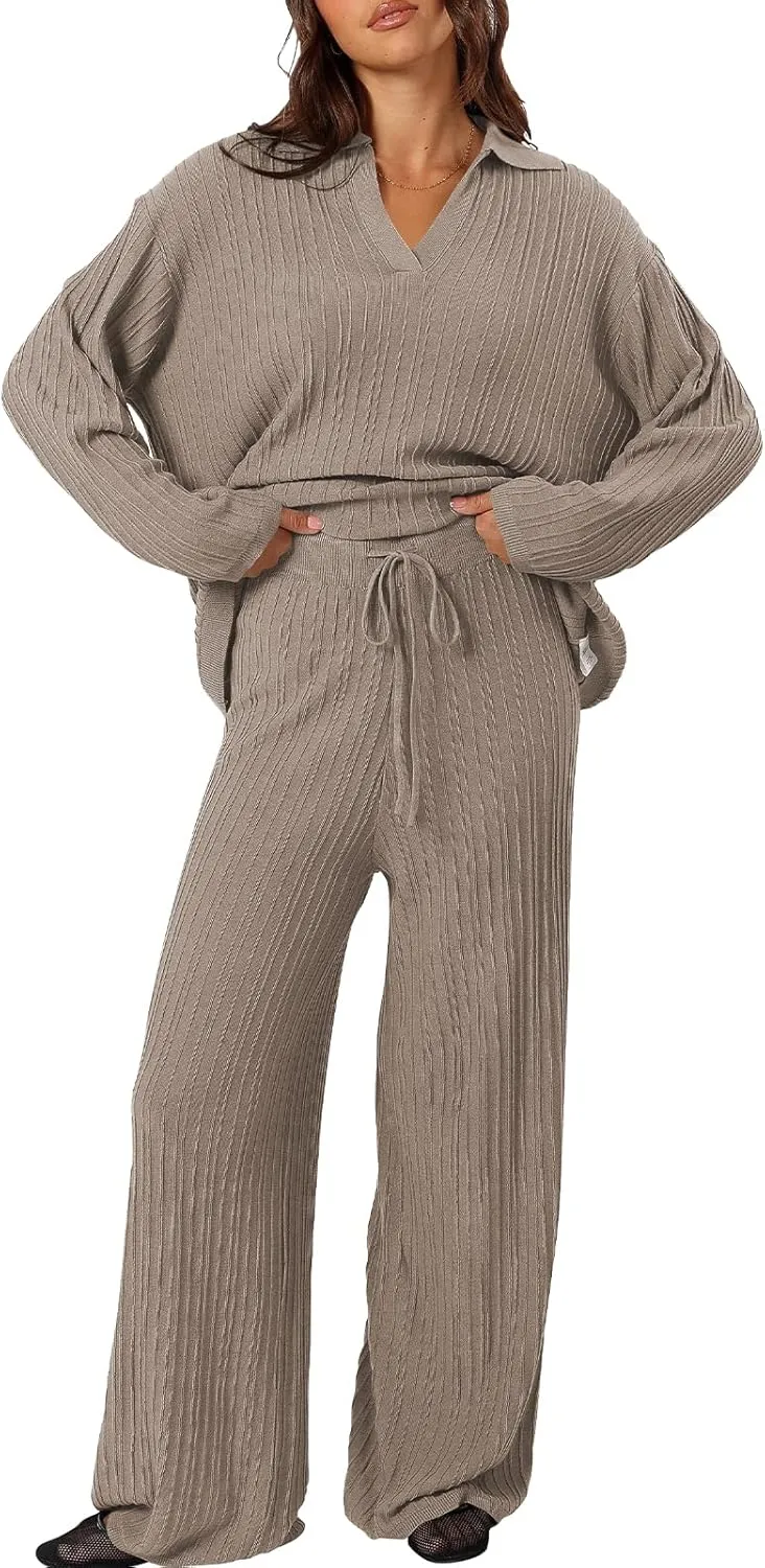 Cakulo Womens 2024 Lounge Sets 2 Piece Outfits Knit Sweater Matching Set Ribbed Wide Leg Loungewear Sweatsuits Light Coffee L