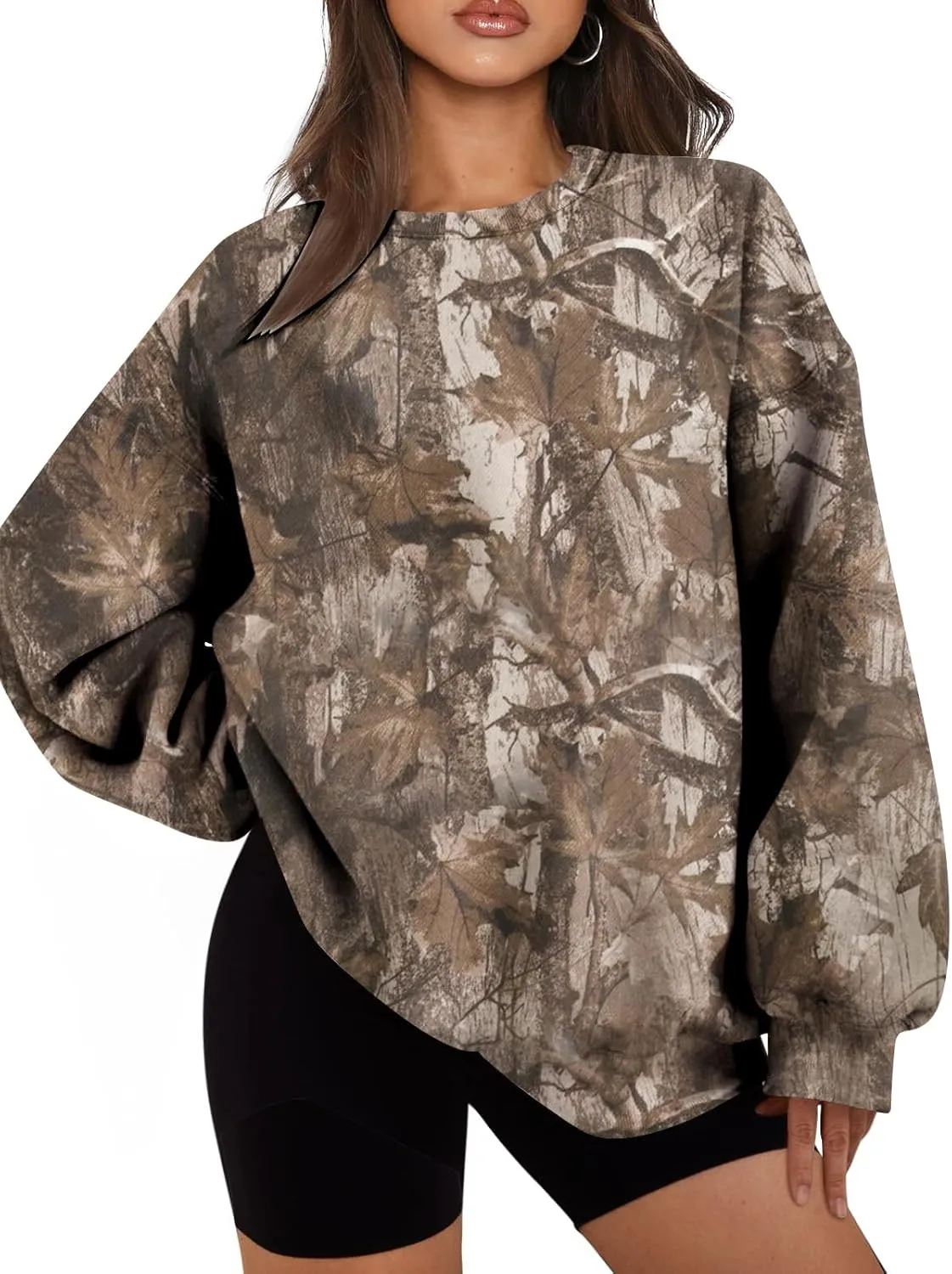 Camo Sweatshirt for Women Mens Oversized Fleece Camouflage Maple Leaf Crewnecks Pullover Tops Hunting Hoodies