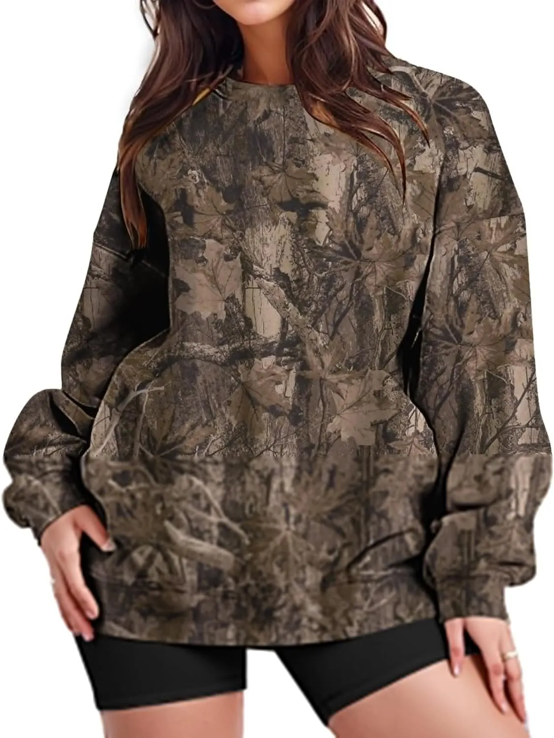 Camo Sweatshirt for Women Mens Oversized Fleece Camouflage Maple Leaf Crewnecks Pullover Tops Hunting Hoodies