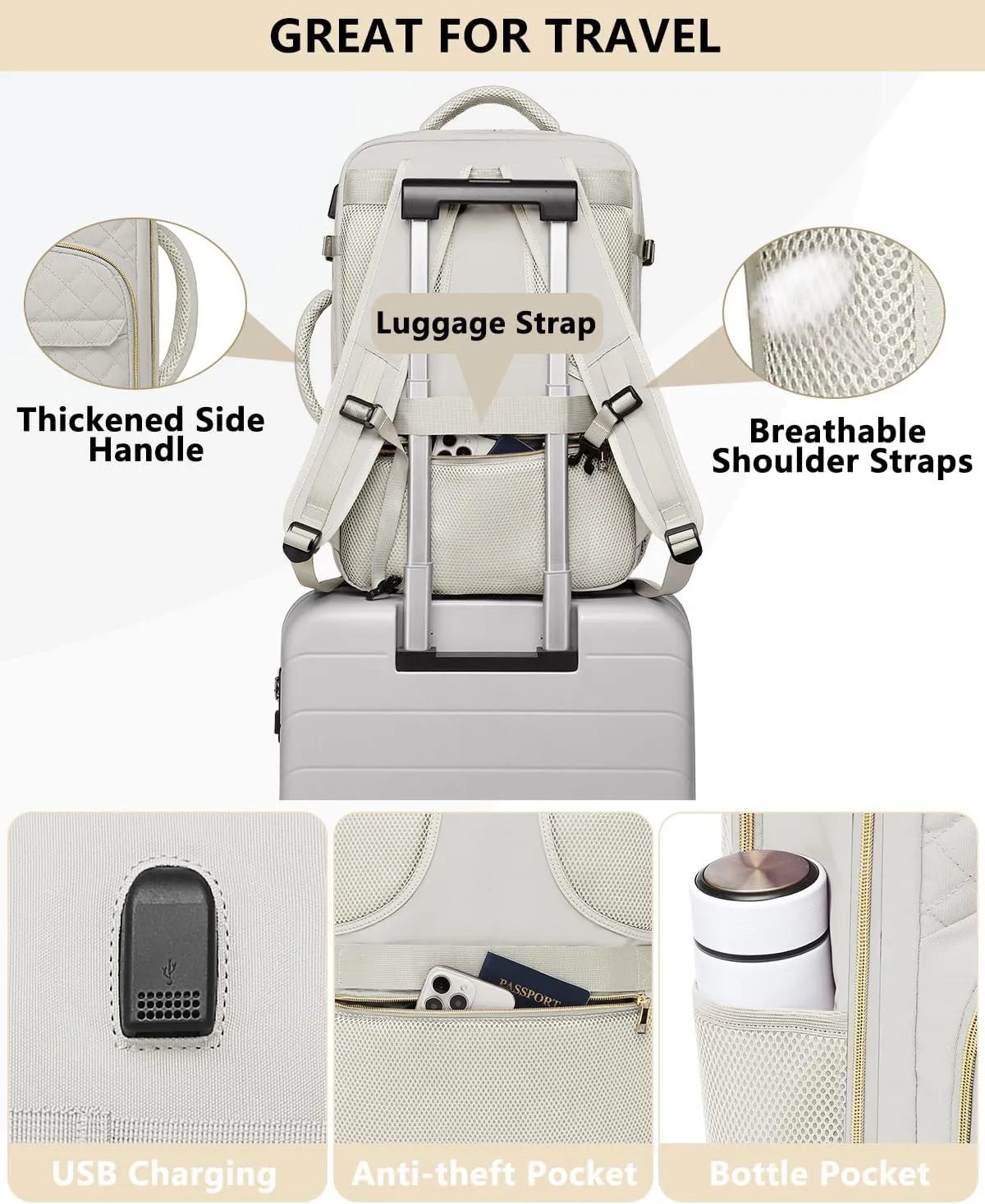Carry On Women Travel Backpack: TSA Flight Approved Personal Item Backpacks Large 40L Waterproof Luggage Suitcase Backpack Fit 17 Inch Laptop Weekender Overnight Traveling Bag with USB Charge Beige
