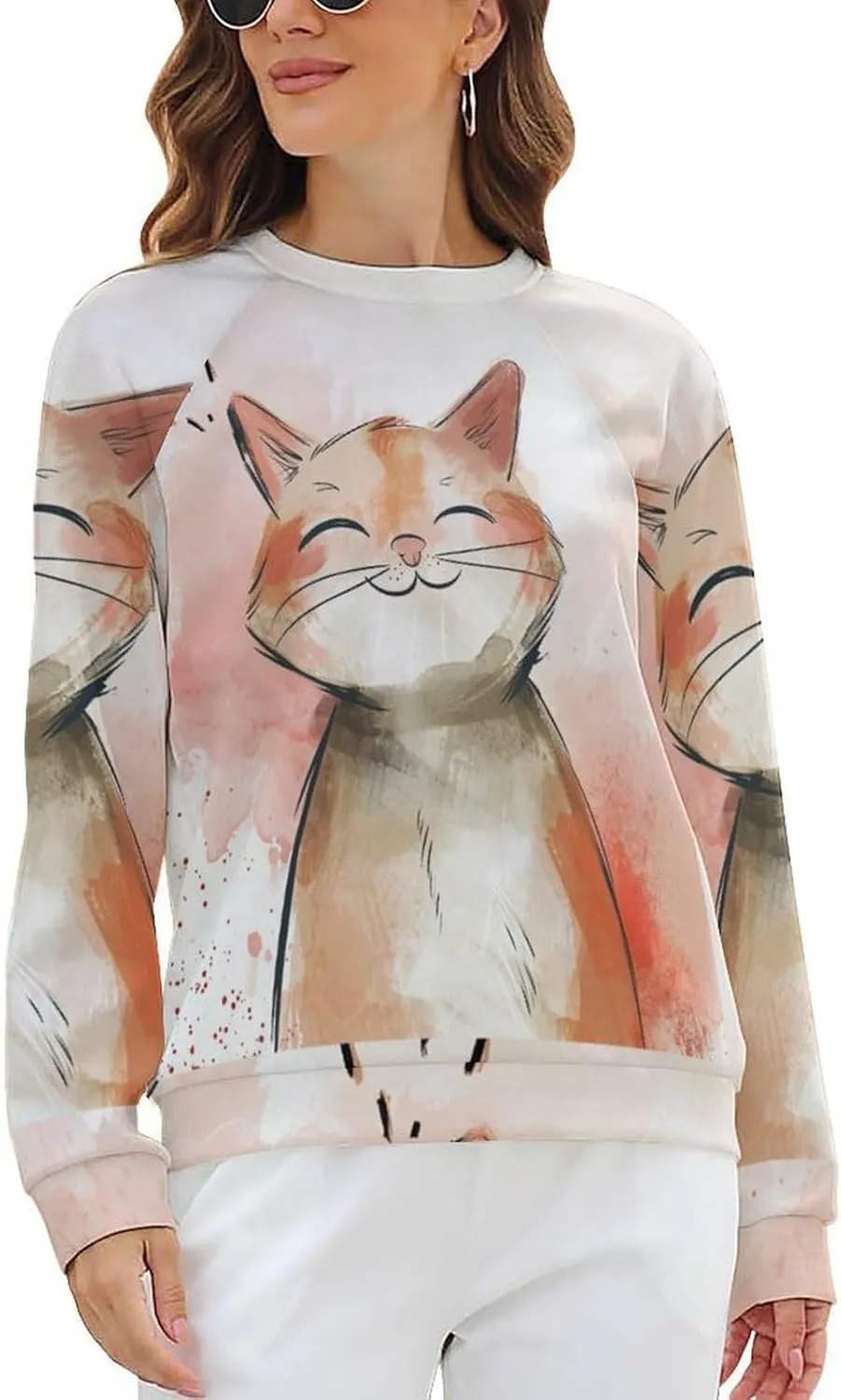 Cat Sweatshirts for Women Funny Long Sleeve Cute Cat Tee Shirts Graphic Womens Crew Neck Sweatshirt Pullover Tops