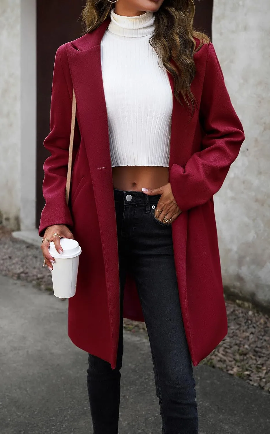 chouyatou Women's Fall Notch Lapel Blazer Wool Coat Office Work Wear Warm Winter Pea Coat
