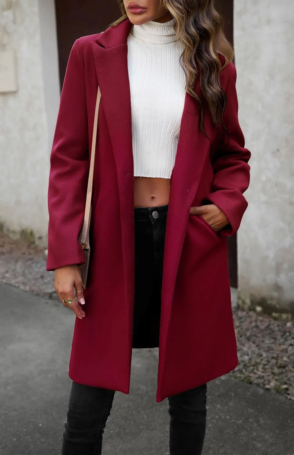 chouyatou Women's Fall Notch Lapel Blazer Wool Coat Office Work Wear Warm Winter Pea Coat