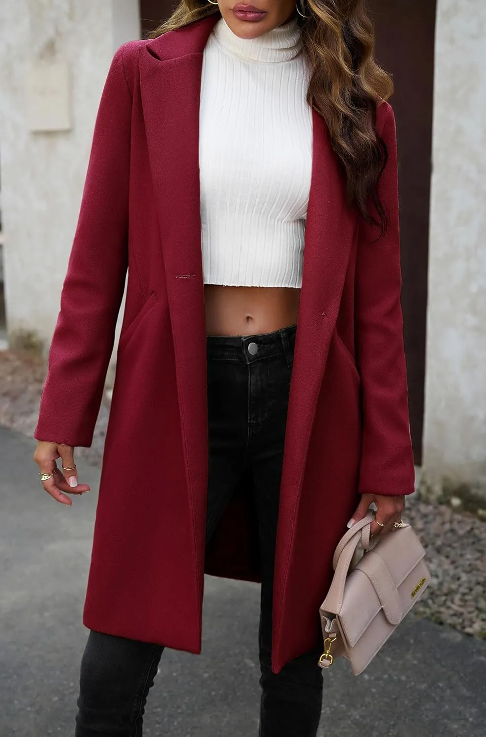 chouyatou Women's Fall Notch Lapel Blazer Wool Coat Office Work Wear Warm Winter Pea Coat