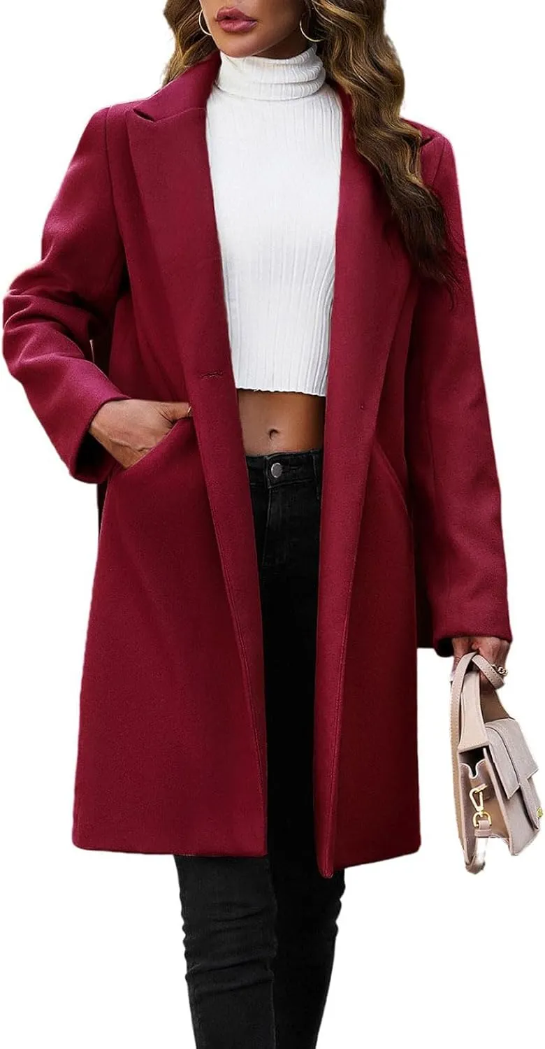 chouyatou Women's Fall Notch Lapel Blazer Wool Coat Office Work Wear Warm Winter Pea Coat