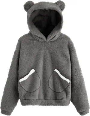 CORIRESHA Women's Cute Teddy Bear Ears Fleece Hoodie Sweatshirt Long Sleeve Warm Plush Pullover Top with Pockets