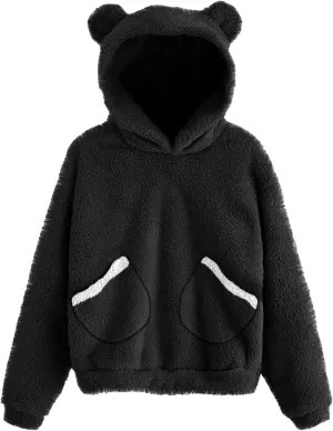 CORIRESHA Women's Cute Teddy Bear Ears Fleece Hoodie Sweatshirt Long Sleeve Warm Plush Pullover Top with Pockets