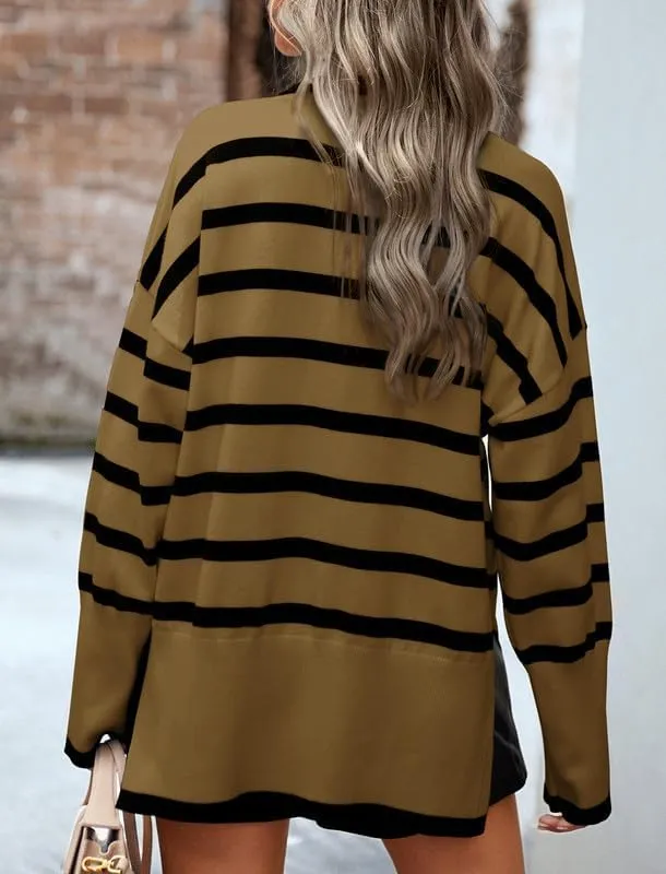CORIRESHA Women's Oversized Striped Sweater Turtleneck Long Sleeve Split Casual Tunic Thick Knit Pullover