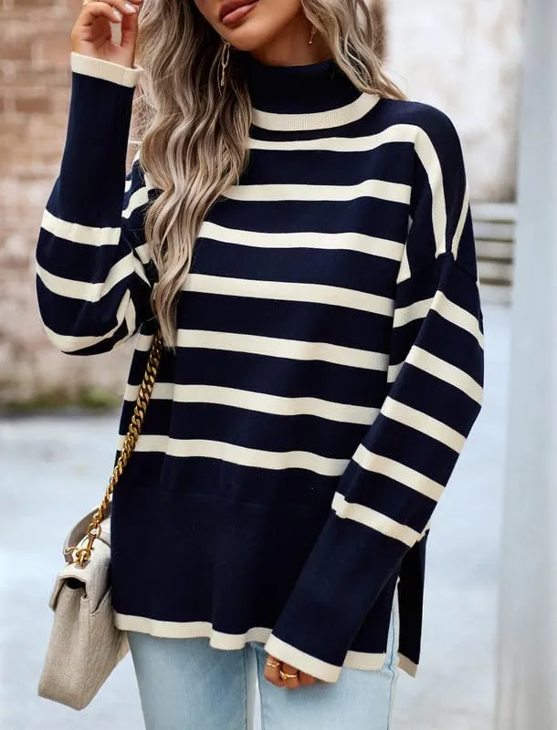 CORIRESHA Women's Oversized Striped Sweater Turtleneck Long Sleeve Split Casual Tunic Thick Knit Pullover