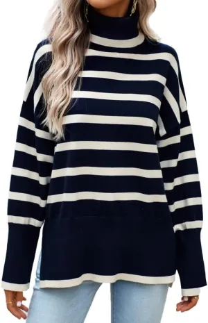 CORIRESHA Women's Oversized Striped Sweater Turtleneck Long Sleeve Split Casual Tunic Thick Knit Pullover