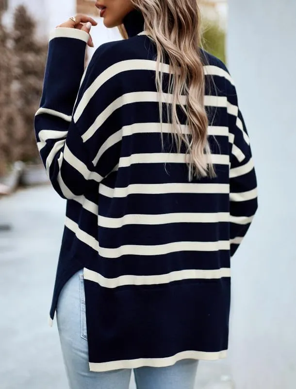 CORIRESHA Women's Oversized Striped Sweater Turtleneck Long Sleeve Split Casual Tunic Thick Knit Pullover