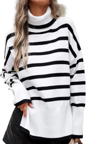 CORIRESHA Women's Oversized Striped Sweater Turtleneck Long Sleeve Split Casual Tunic Thick Knit Pullover