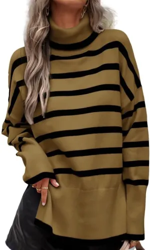 CORIRESHA Women's Oversized Striped Sweater Turtleneck Long Sleeve Split Casual Tunic Thick Knit Pullover